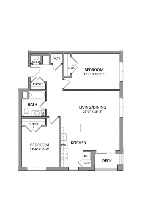 Floor plan for 2 beds, 1 bath, 965 sqft